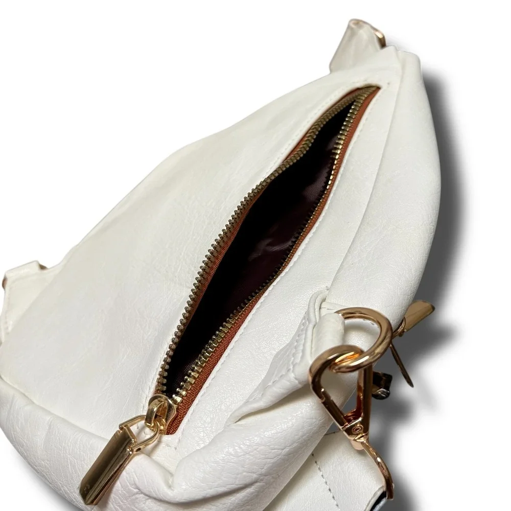 Cream Vegan Leather Sling Bag Brown Trim Patterned Crossbody Chest Pack‎ Small